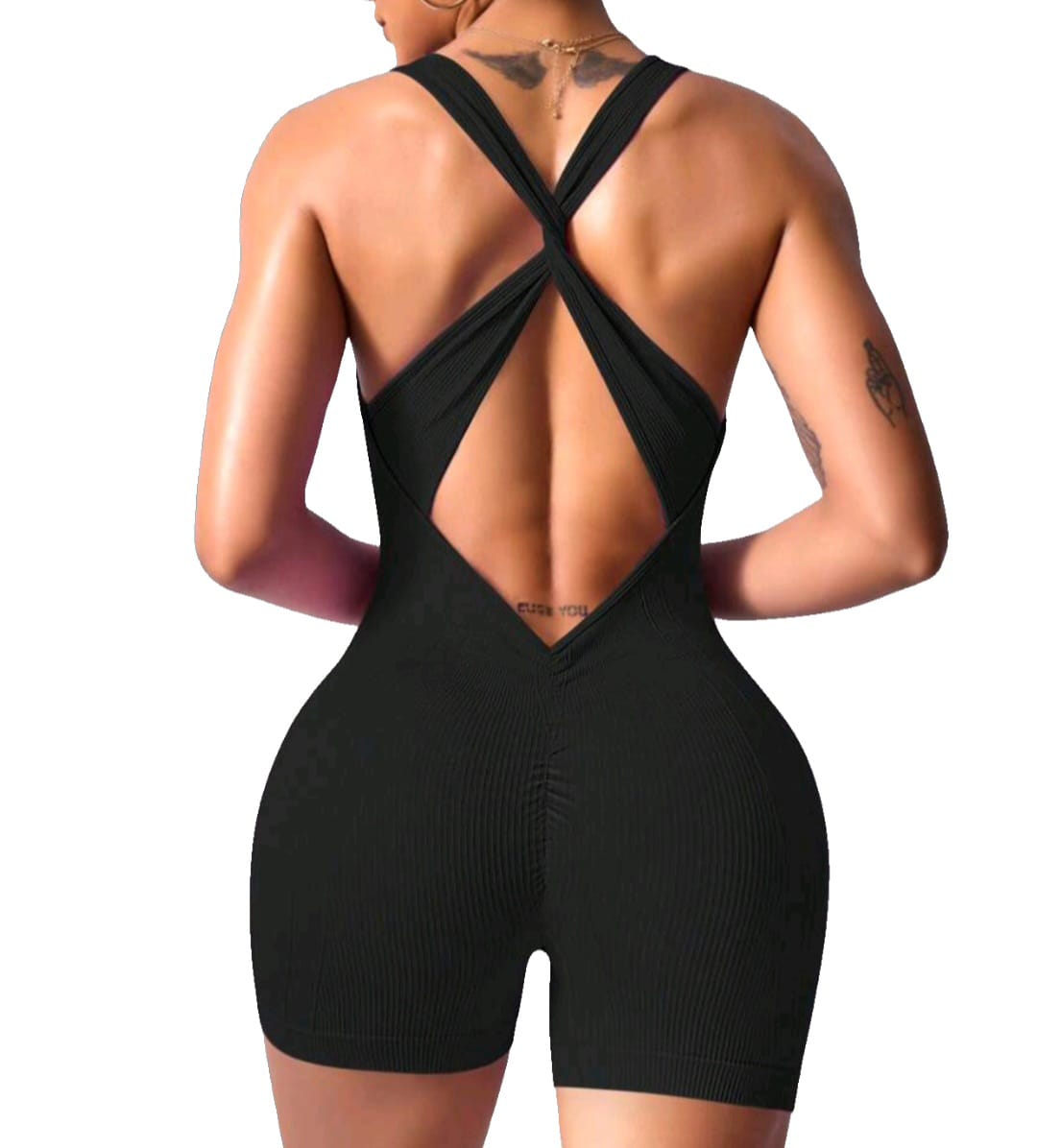 FrimFit Women's Ribbed One-Piece workout Romper-Black