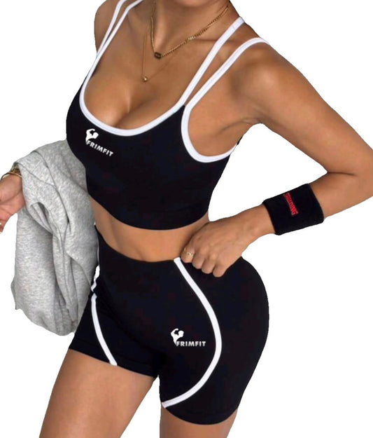 FrimFit Women's 2-Piece Active wear Set-Black & White Trim