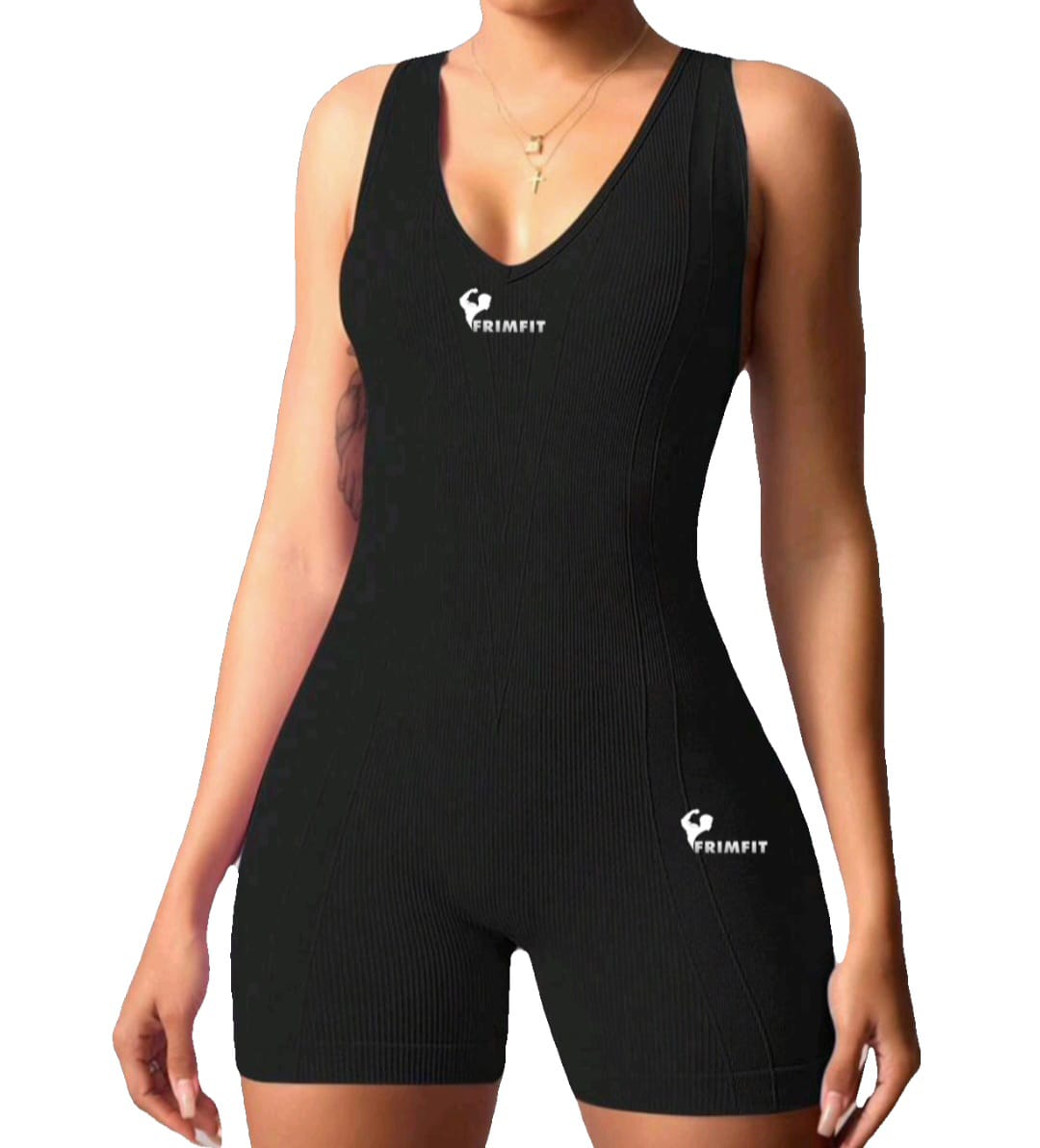 FrimFit Women's Ribbed One-Piece workout Romper-Black